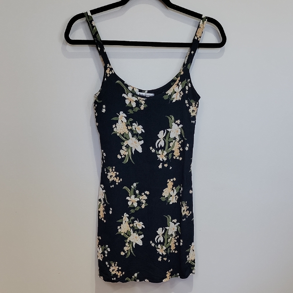 Reformation Navy Floral Mini Dress with Cream & Green Flowers